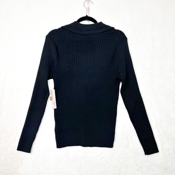 Nanette Lepore Black Ribbed Faux Button Sweater Gold Accent Collared Size XL NWT - Picture 8 of 11